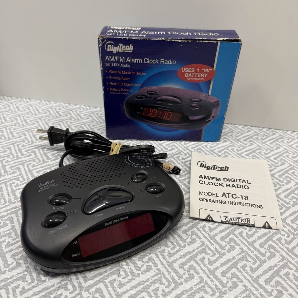 Vintage DigiTech ATC-18 AM/FM Digital Clock Radio Black Red LED Box & Manual OBM